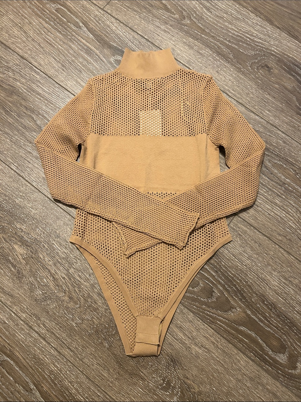 Turtleneck Long-Sleeve Mesh Bodysuit - Tan Camel